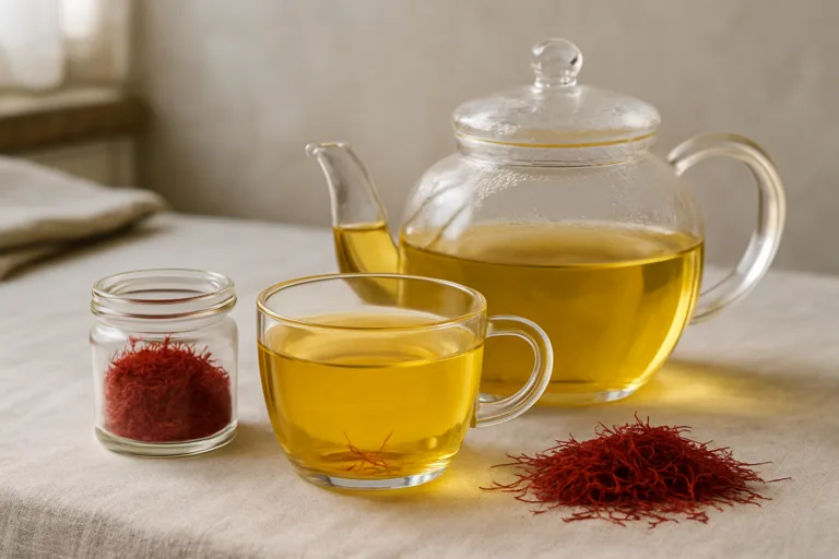 فنجان دمنوش زعفران کنار هاون سنگی و رشته‌های زعفران روی میز روشن